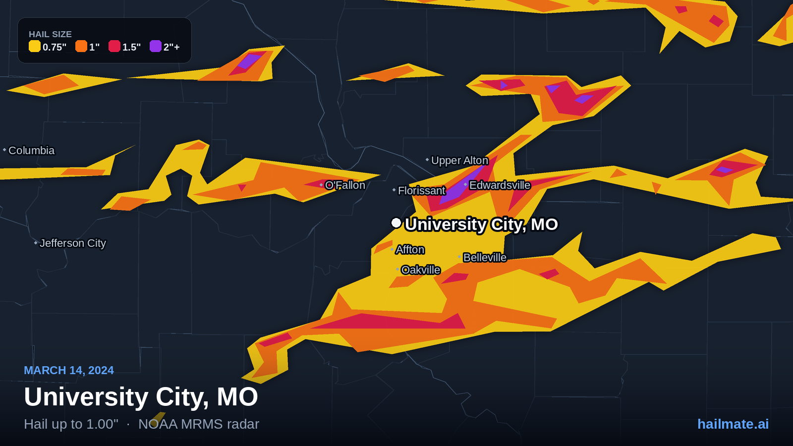 Hail swath map for University City, MO on March 14, 2024 showing 1.00 inch hail.