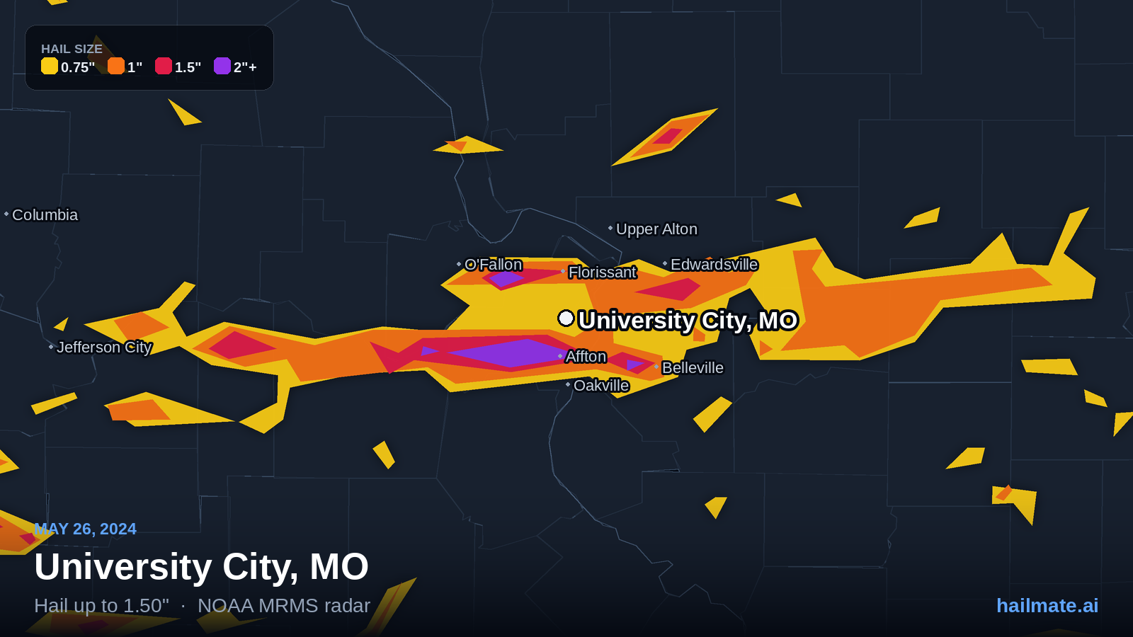 Hail swath map for University City, MO on May 26, 2024 showing 1.50 inch hail.