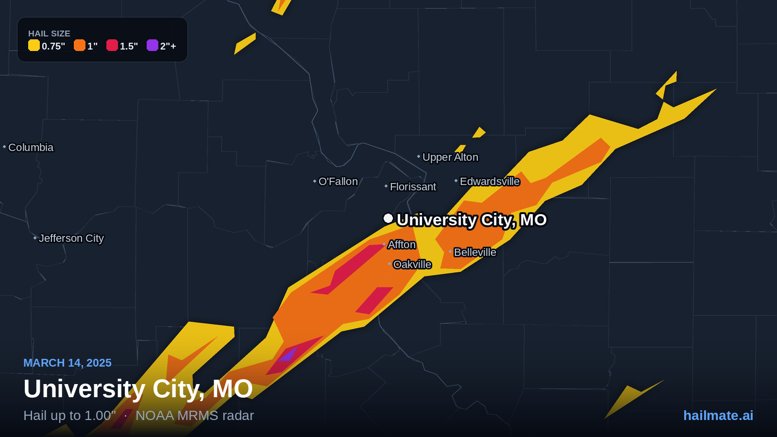 Hail swath map for University City, MO on March 14, 2025 showing 1.00 inch hail.