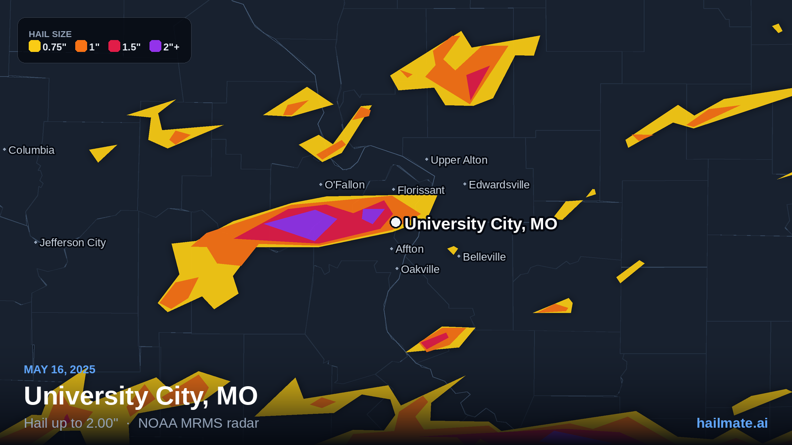 Hail swath map for University City, MO on May 16, 2025 showing 2.00 inch hail.