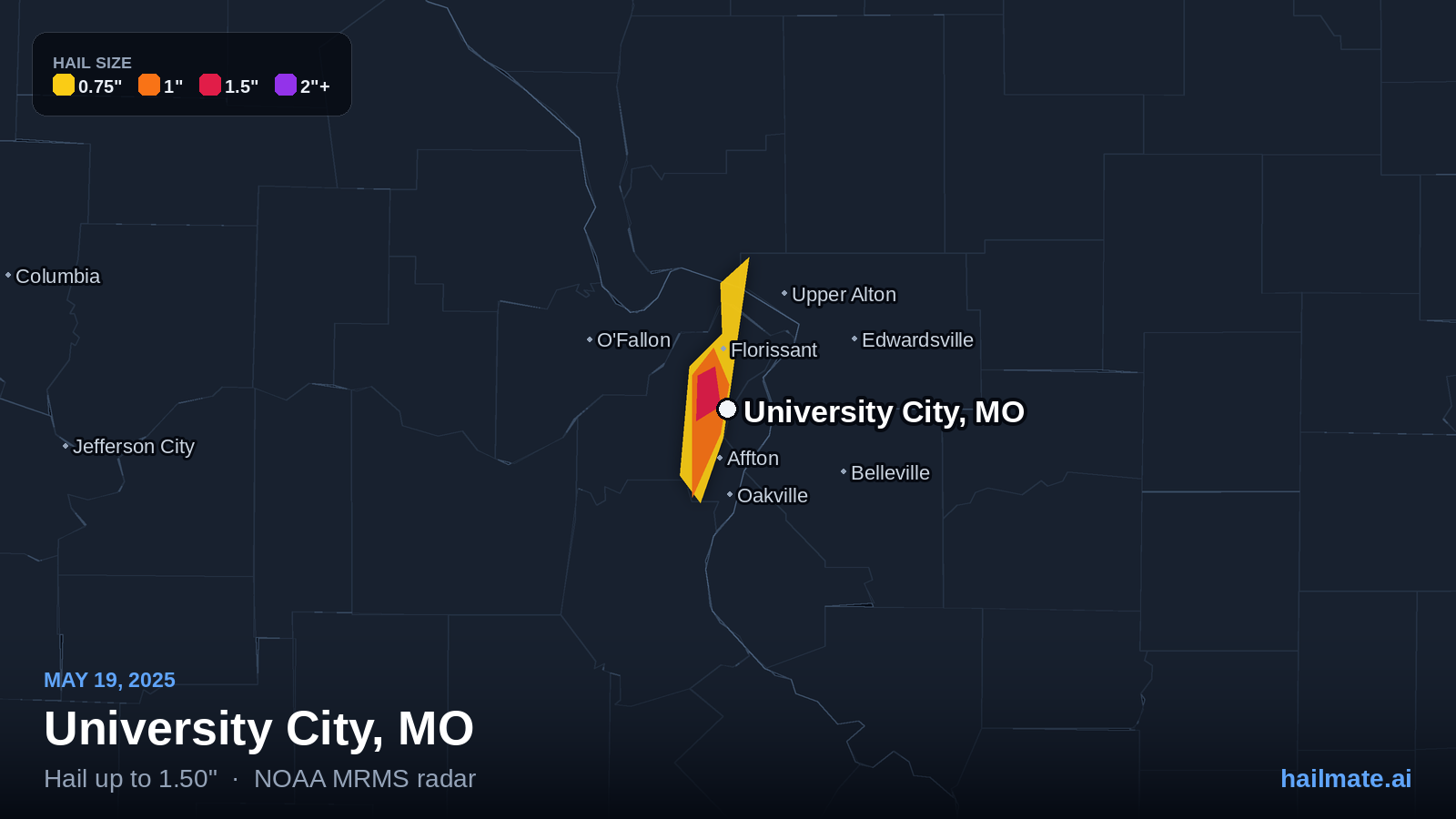 Hail swath map for University City, MO on May 19, 2025 showing 1.50 inch hail.