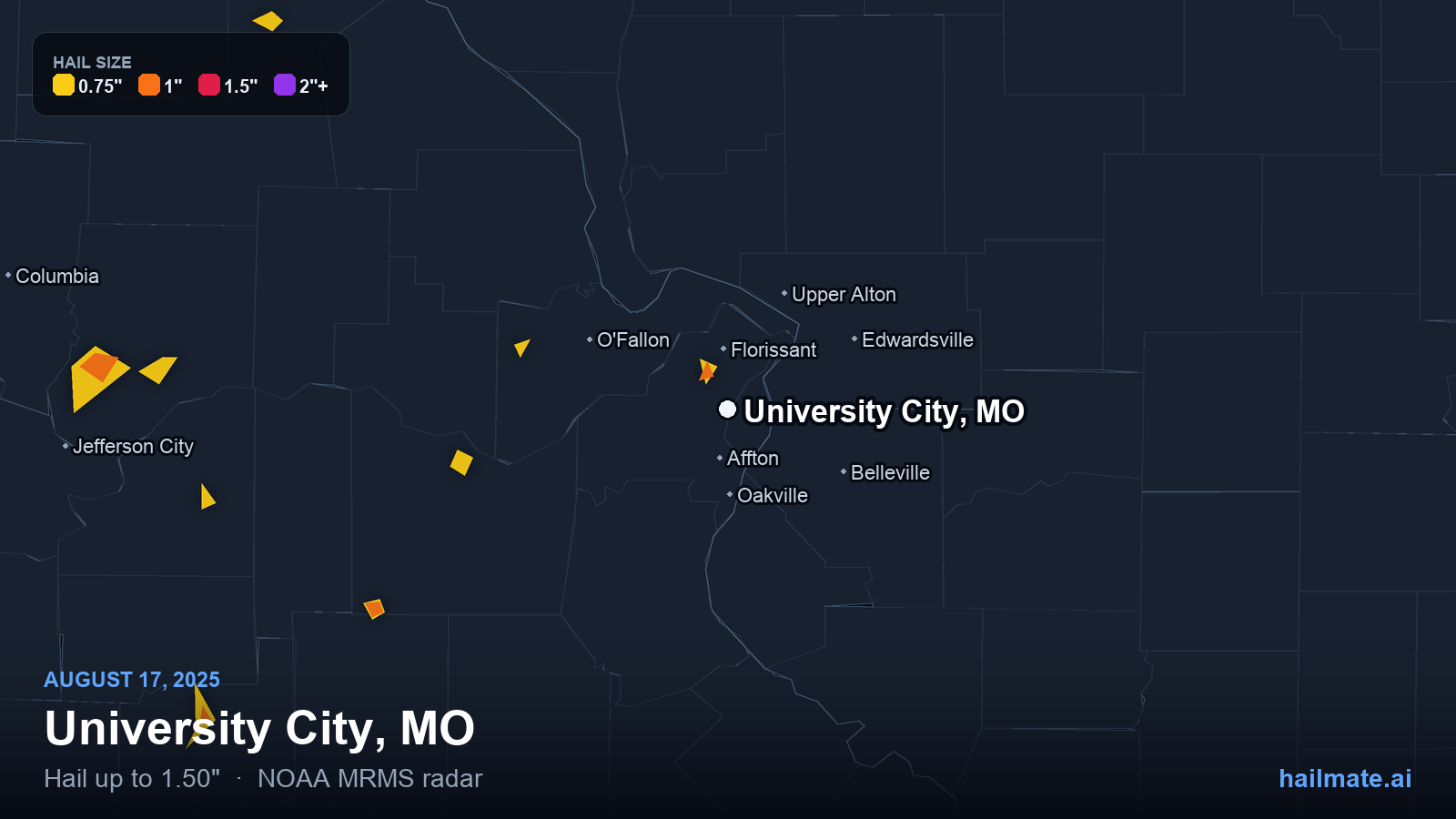 Hail swath map for University City, MO on August 17, 2025 showing 1.50 inch hail.