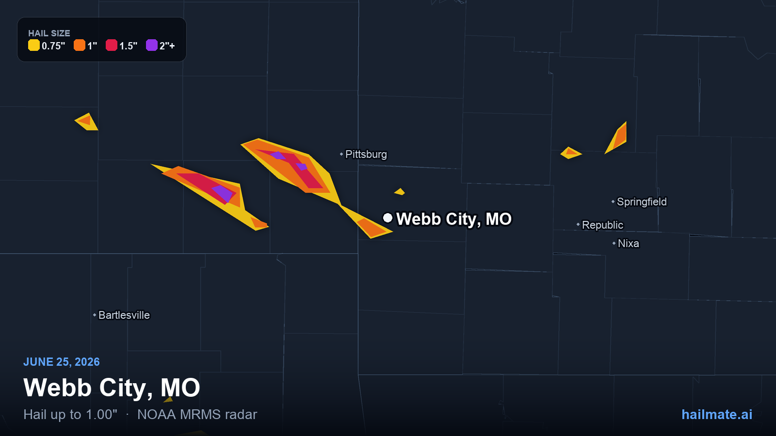Hail swath map for Webb City, MO on June 25, 2026 showing 1.00 inch hail.