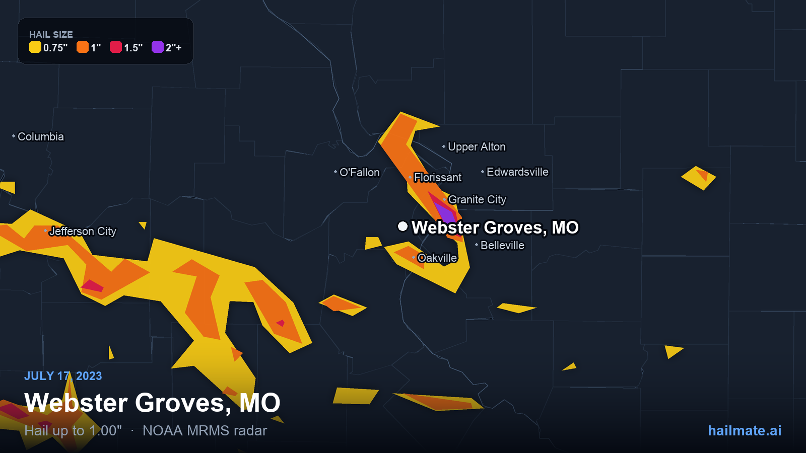 Hail swath map for Webster Groves, MO on July 17, 2023 showing 1.00 inch hail.