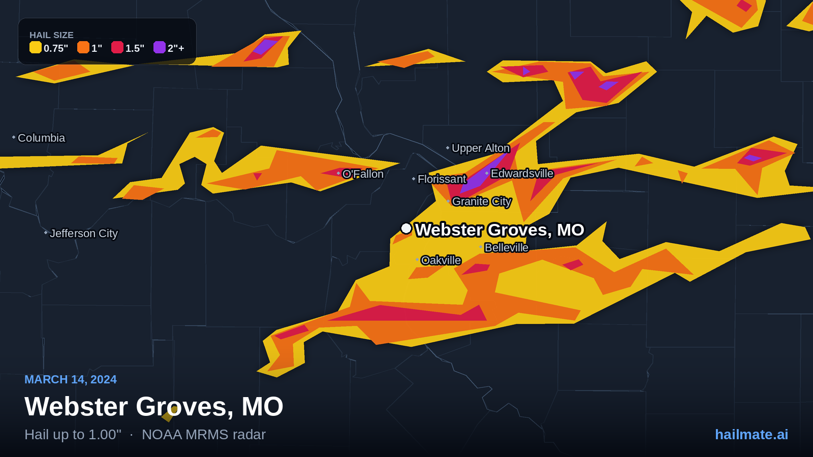 Hail swath map for Webster Groves, MO on March 14, 2024 showing 1.00 inch hail.