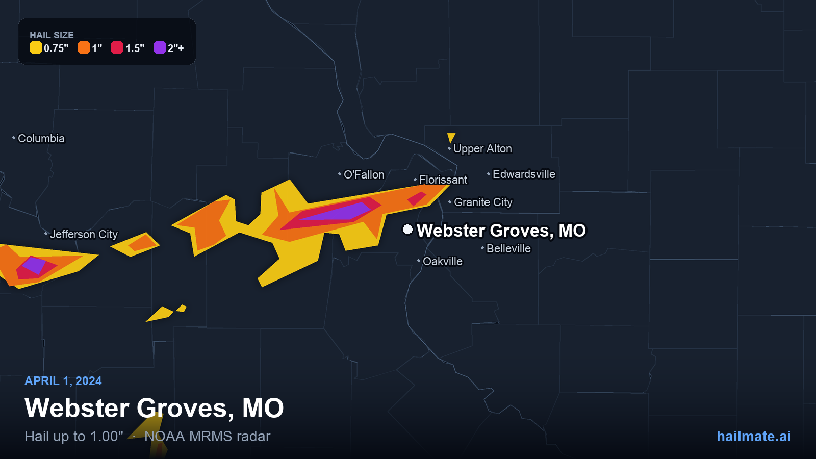 Hail swath map for Webster Groves, MO on April 1, 2024 showing 1.00 inch hail.
