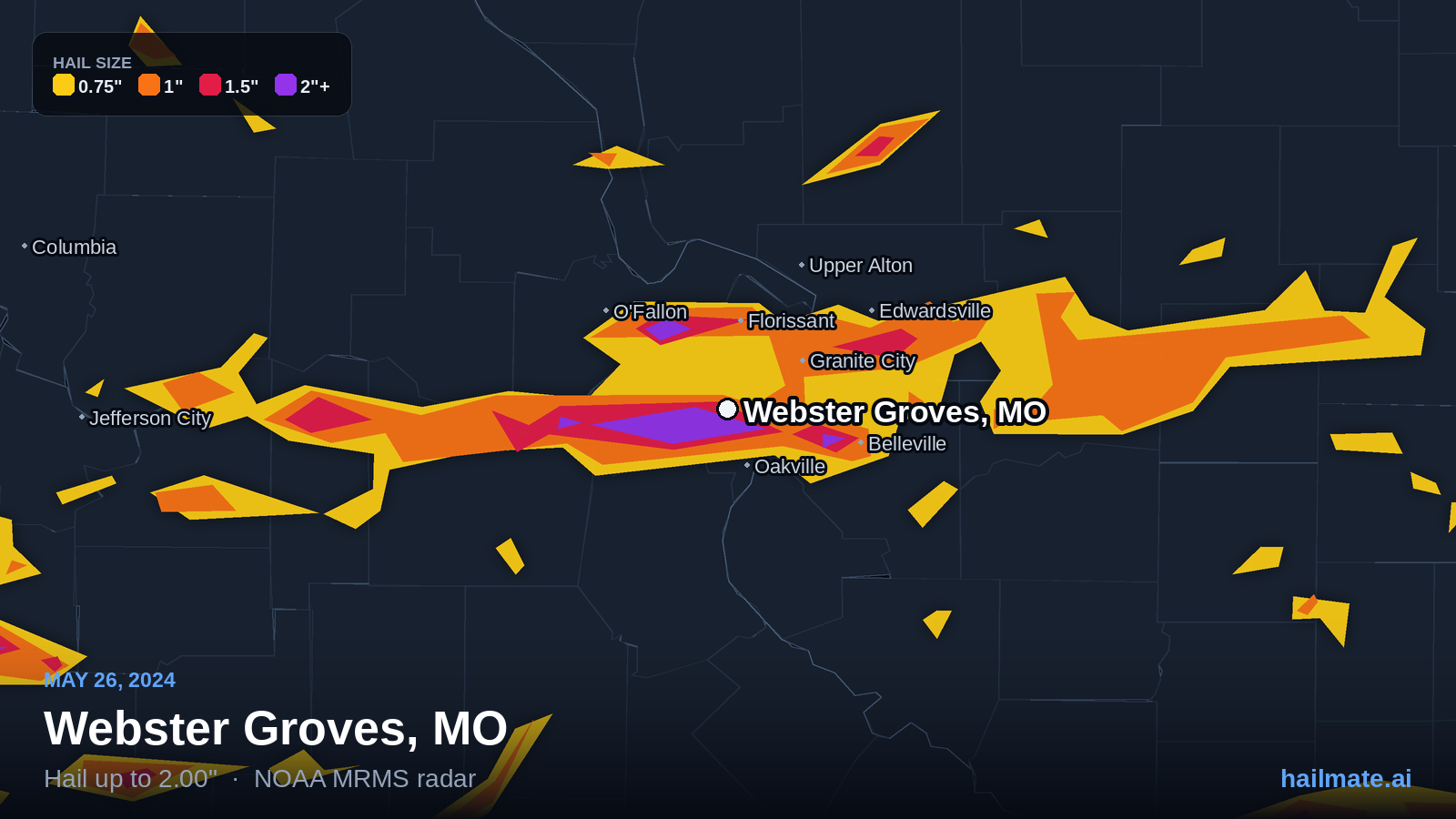 Hail swath map for Webster Groves, MO on May 26, 2024 showing 2.00 inch hail.
