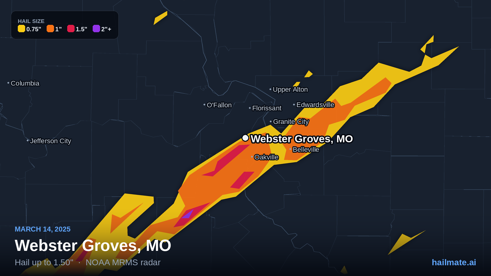 Hail swath map for Webster Groves, MO on March 14, 2025 showing 1.50 inch hail.