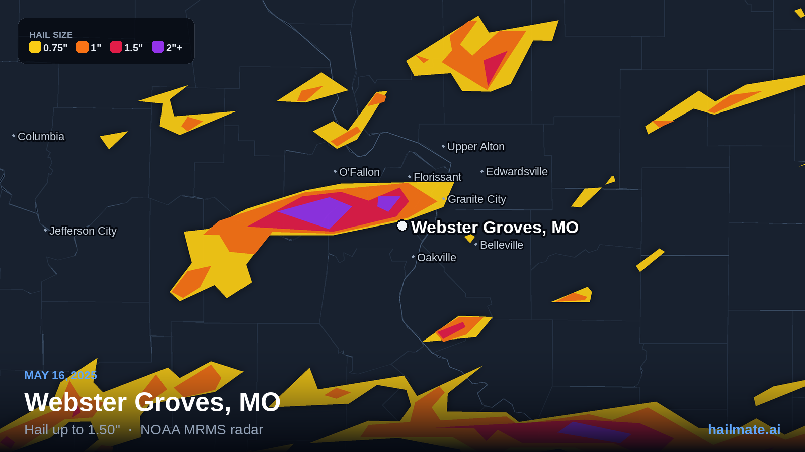 Hail swath map for Webster Groves, MO on May 16, 2025 showing 1.50 inch hail.
