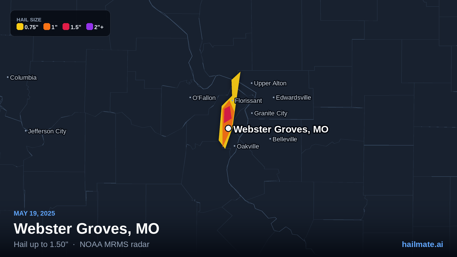 Hail swath map for Webster Groves, MO on May 19, 2025 showing 1.50 inch hail.