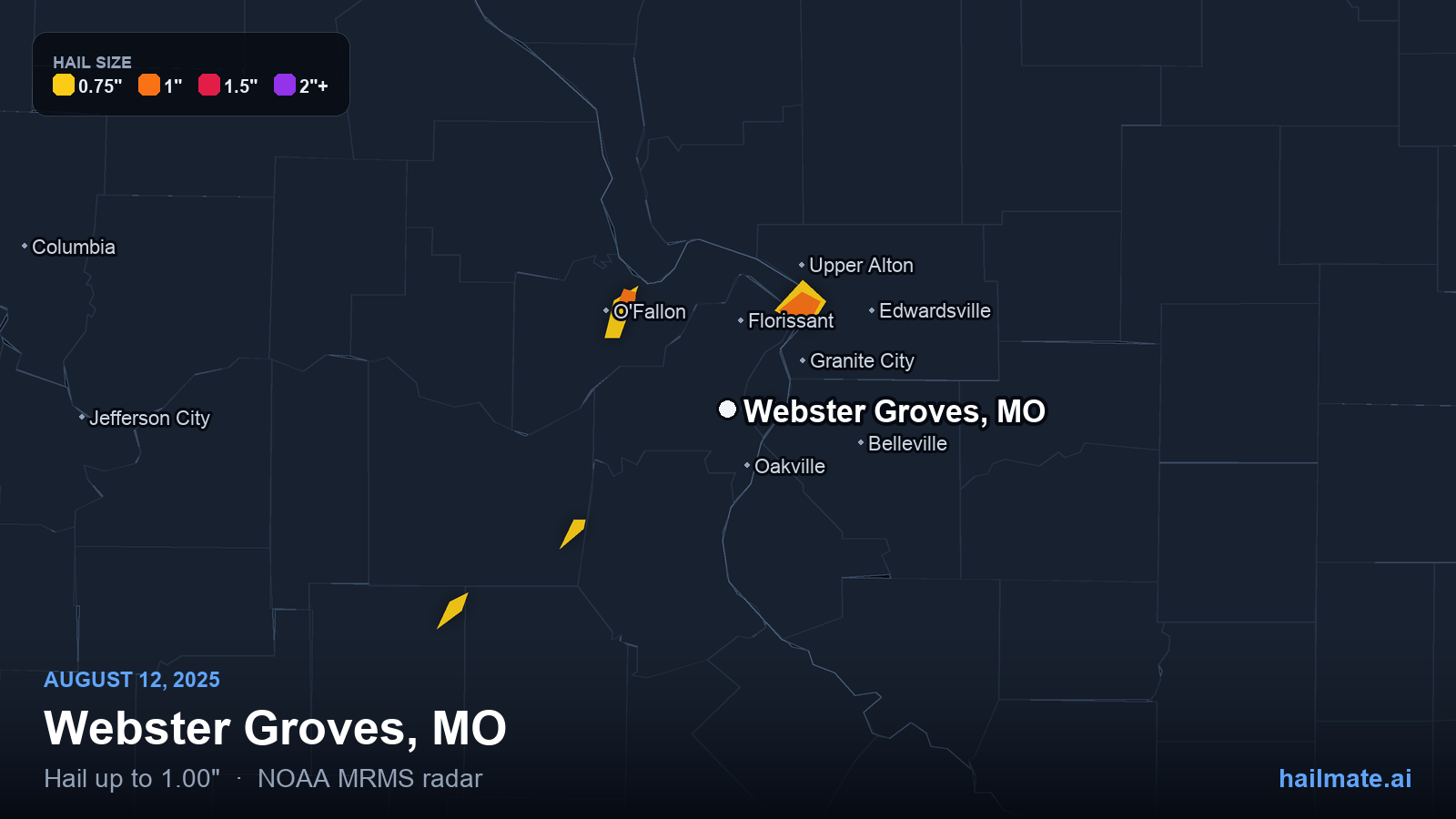 Hail swath map for Webster Groves, MO on August 12, 2025 showing 1.00 inch hail.