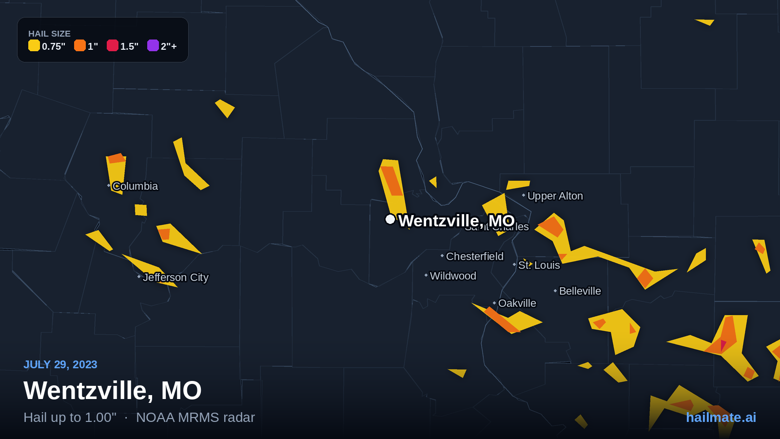 Hail swath map for Wentzville, MO on July 29, 2023 showing 1.00 inch hail.