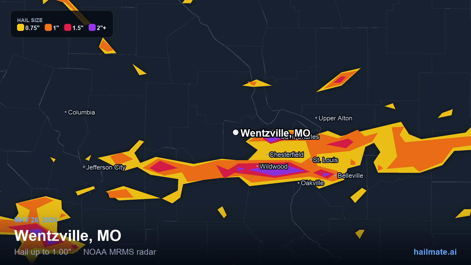 Hail swath map for Wentzville, MO on May 26, 2024 showing 1.00 inch hail.