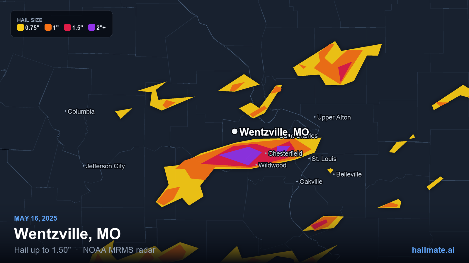 Hail swath map for Wentzville, MO on May 16, 2025 showing 1.50 inch hail.