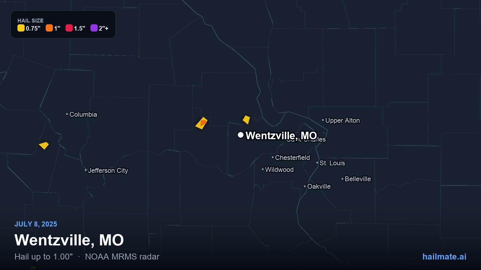 Hail swath map for Wentzville, MO on July 8, 2025 showing 1.00 inch hail.