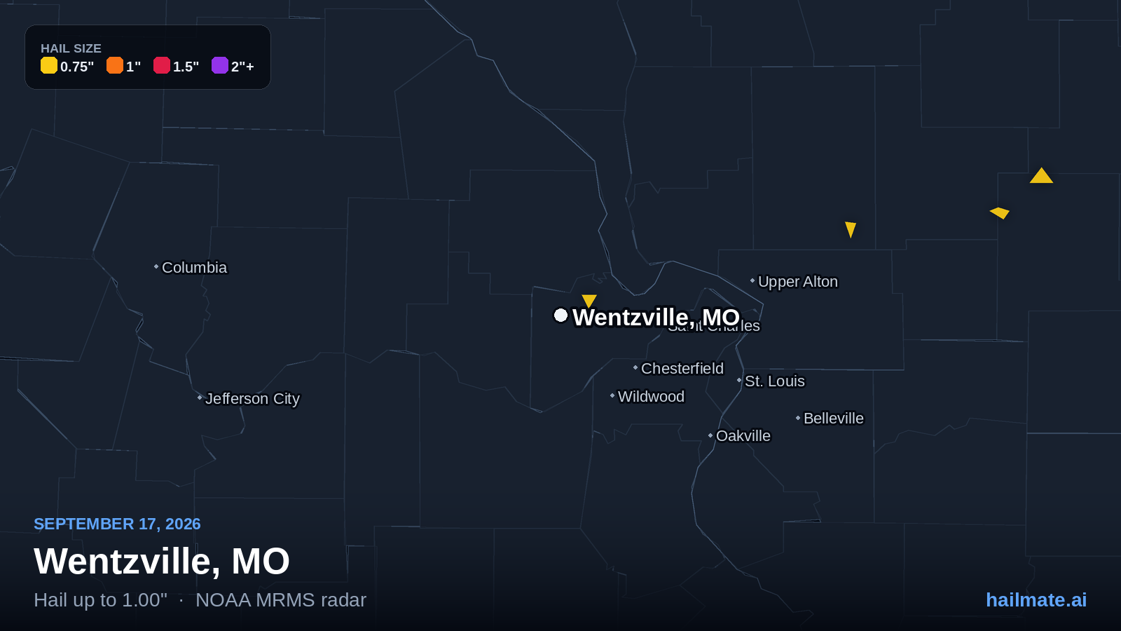 Hail swath map for Wentzville, MO on September 17, 2026 showing 1.00 inch hail.