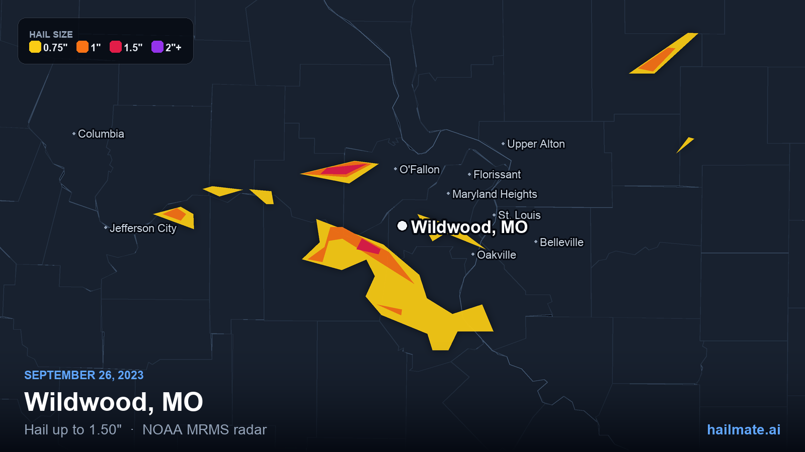 Hail swath map for Wildwood, MO on September 26, 2023 showing 1.50 inch hail.