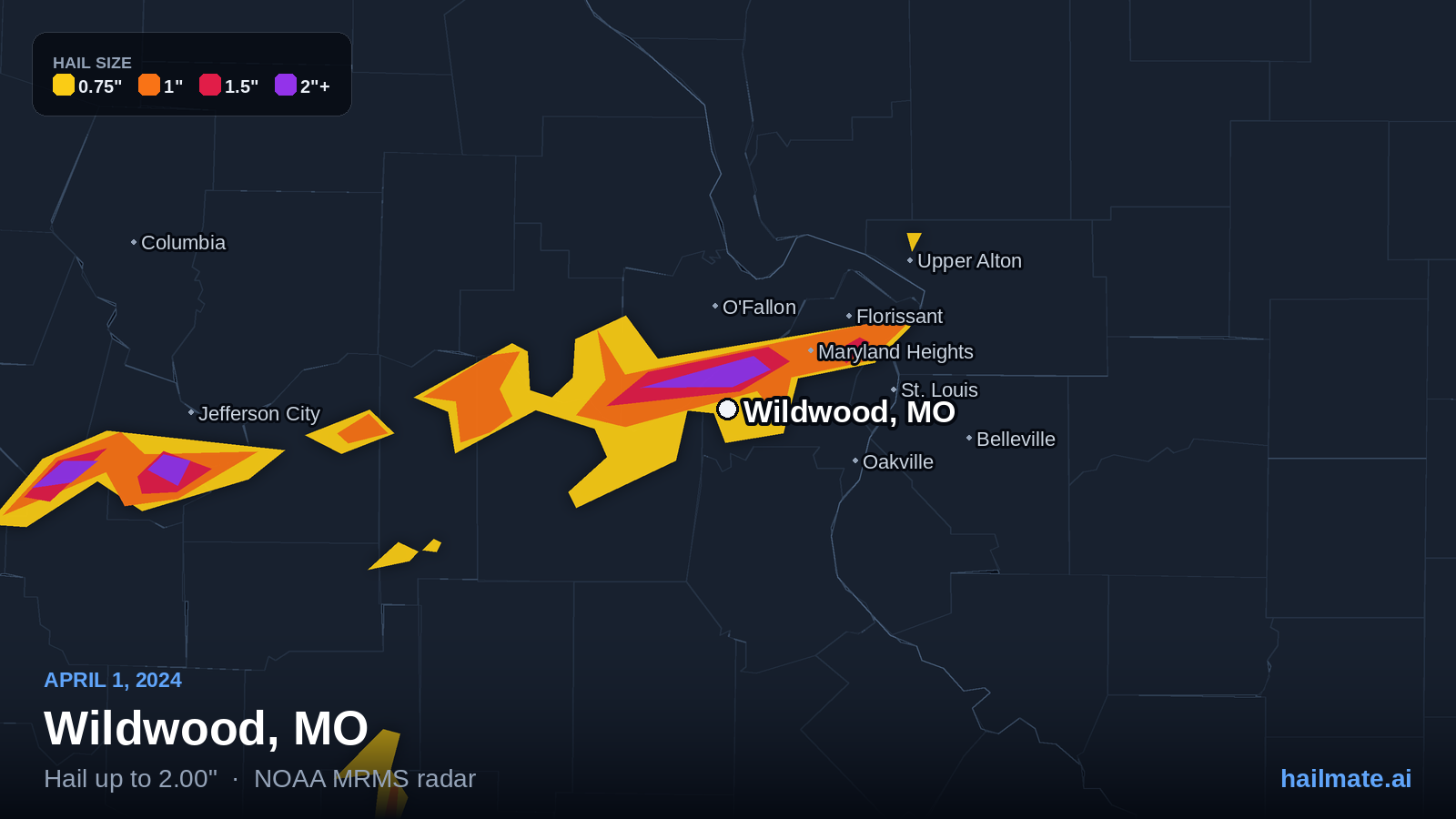 Hail swath map for Wildwood, MO on April 1, 2024 showing 2.00 inch hail.