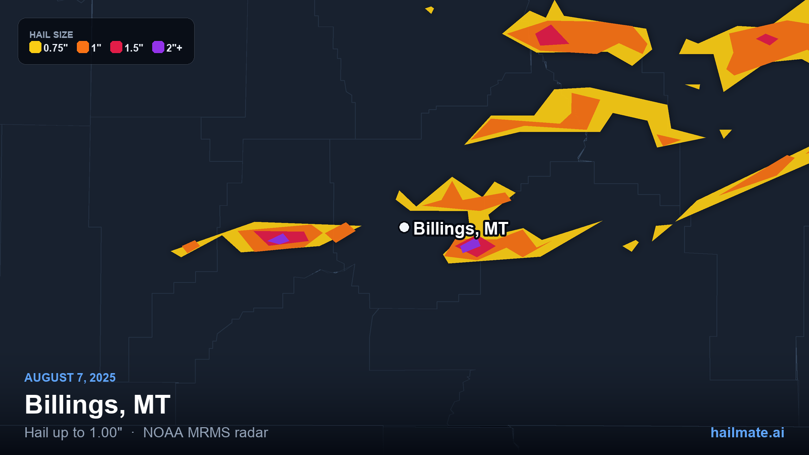 Hail swath map for Billings, MT on August 7, 2025 showing 1.00 inch hail.