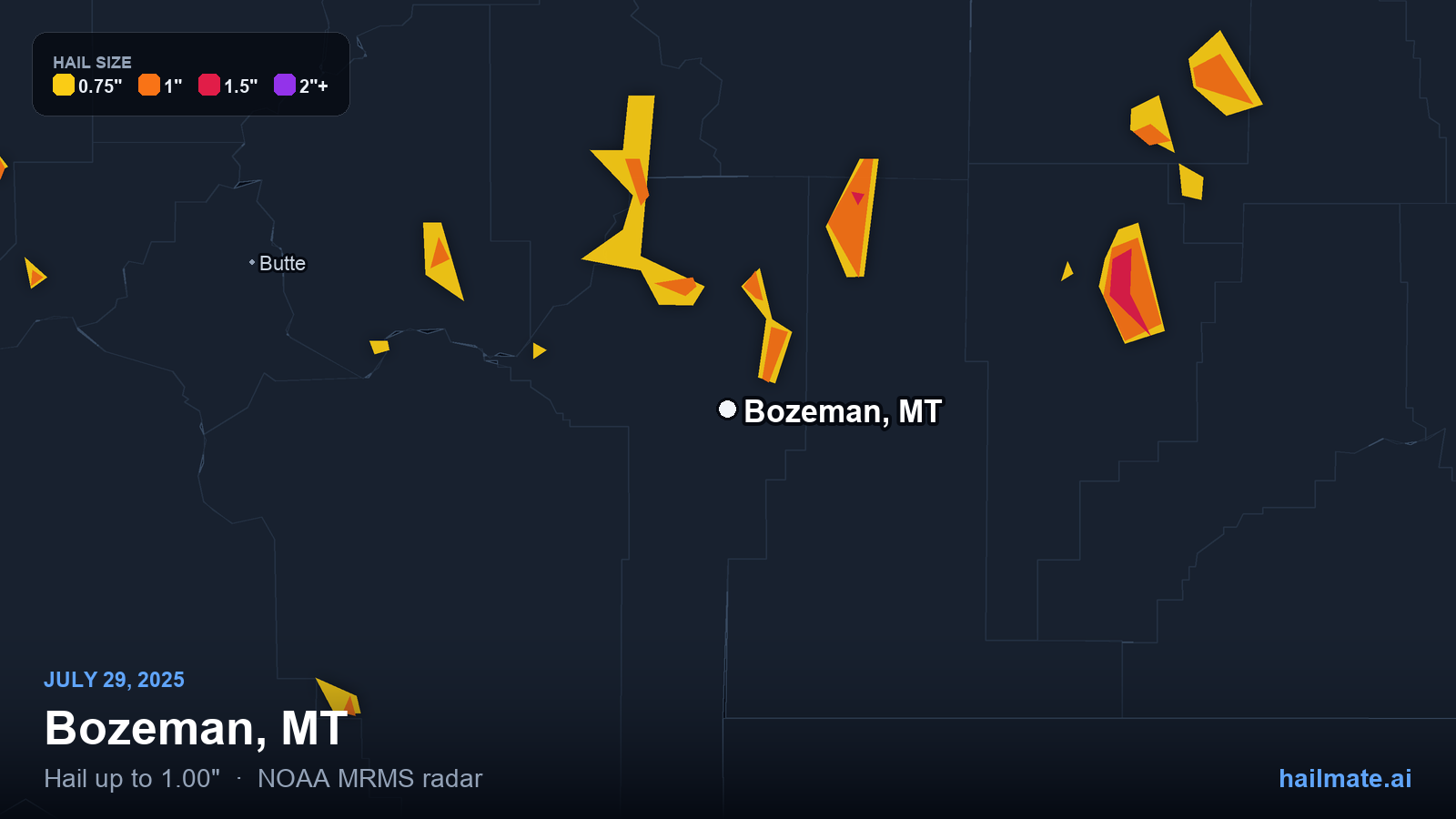 Hail swath map for Bozeman, MT on July 29, 2025 showing 1.00 inch hail.