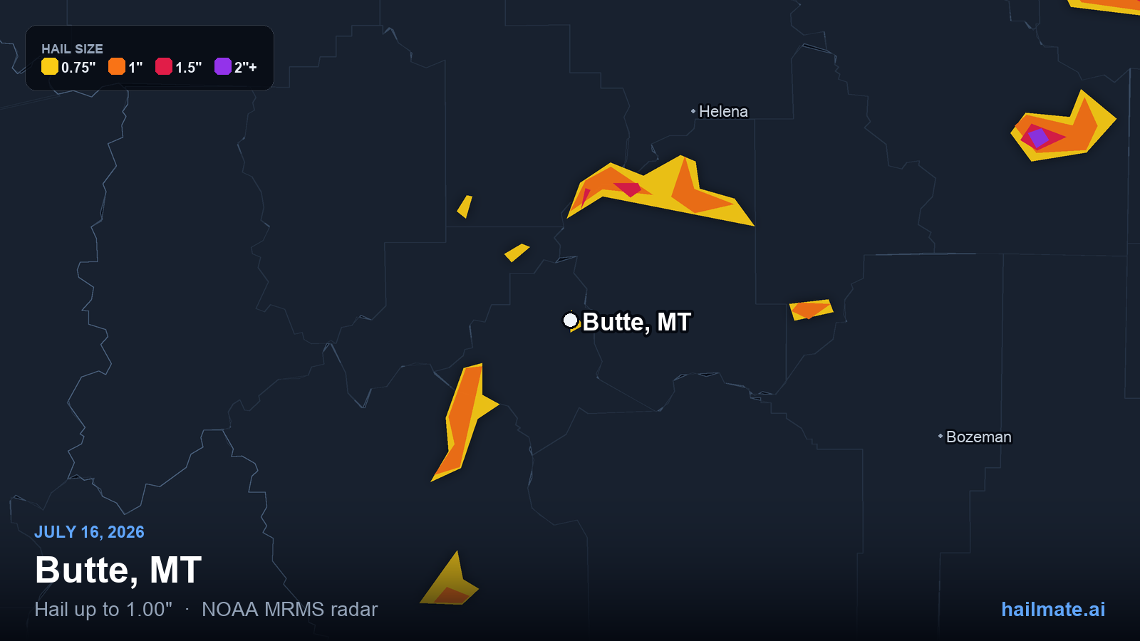 Hail swath map for Butte, MT on July 16, 2026 showing 1.00 inch hail.