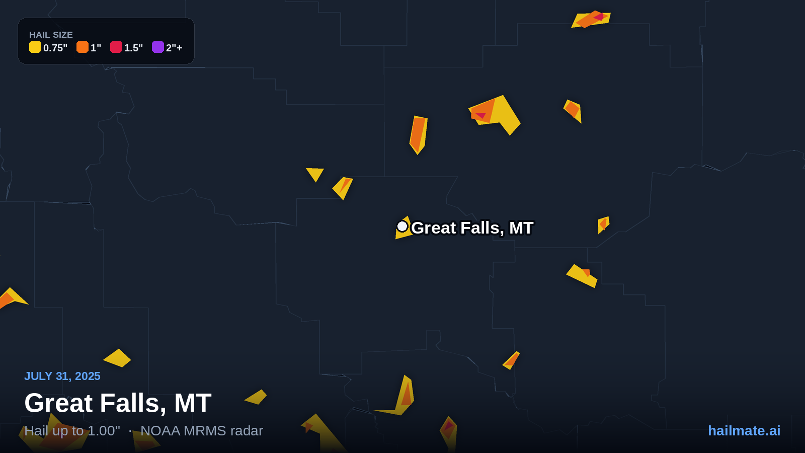 Hail swath map for Great Falls, MT on July 31, 2025 showing 1.00 inch hail.