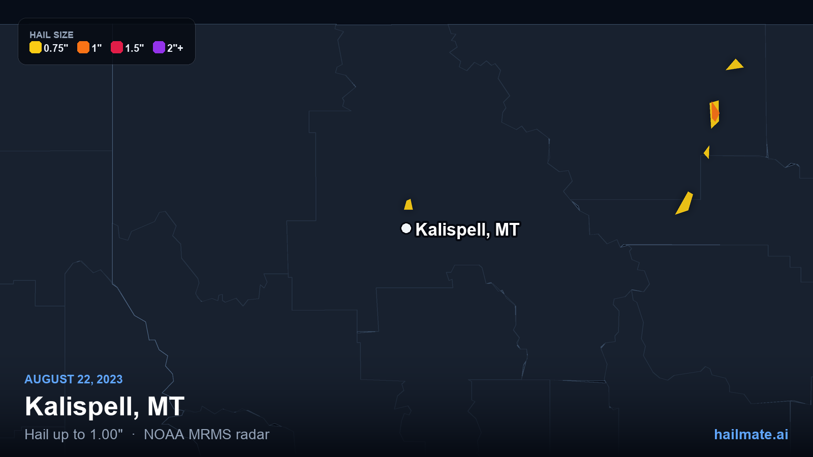 Hail swath map for Kalispell, MT on August 22, 2023 showing 1.00 inch hail.