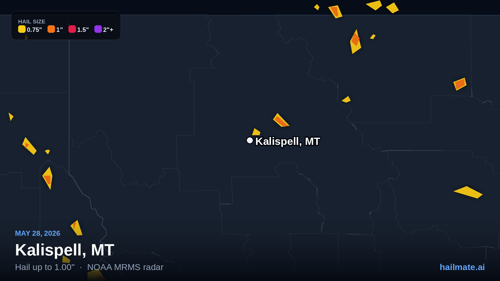 Hail swath map showing 1.00 inch hail over Kalispell, Montana on May 28, 2026.