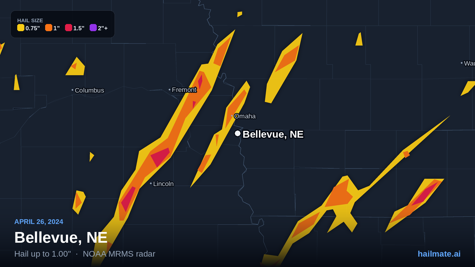 Hail swath map for Bellevue, NE on April 26, 2024 showing 1.00 inch hail.