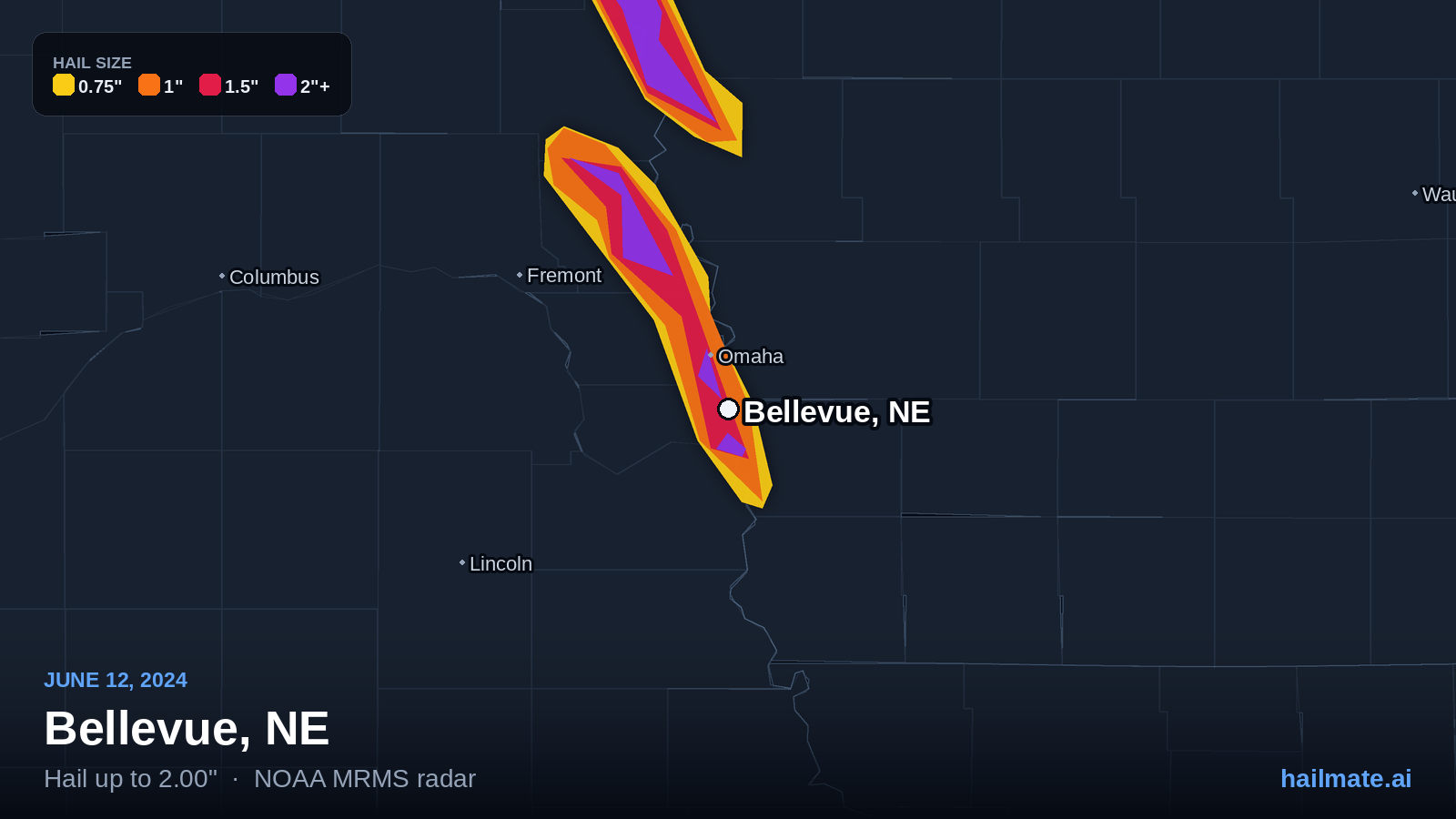 Hail swath map for Bellevue, NE on June 12, 2024 showing 2.00 inch hail.