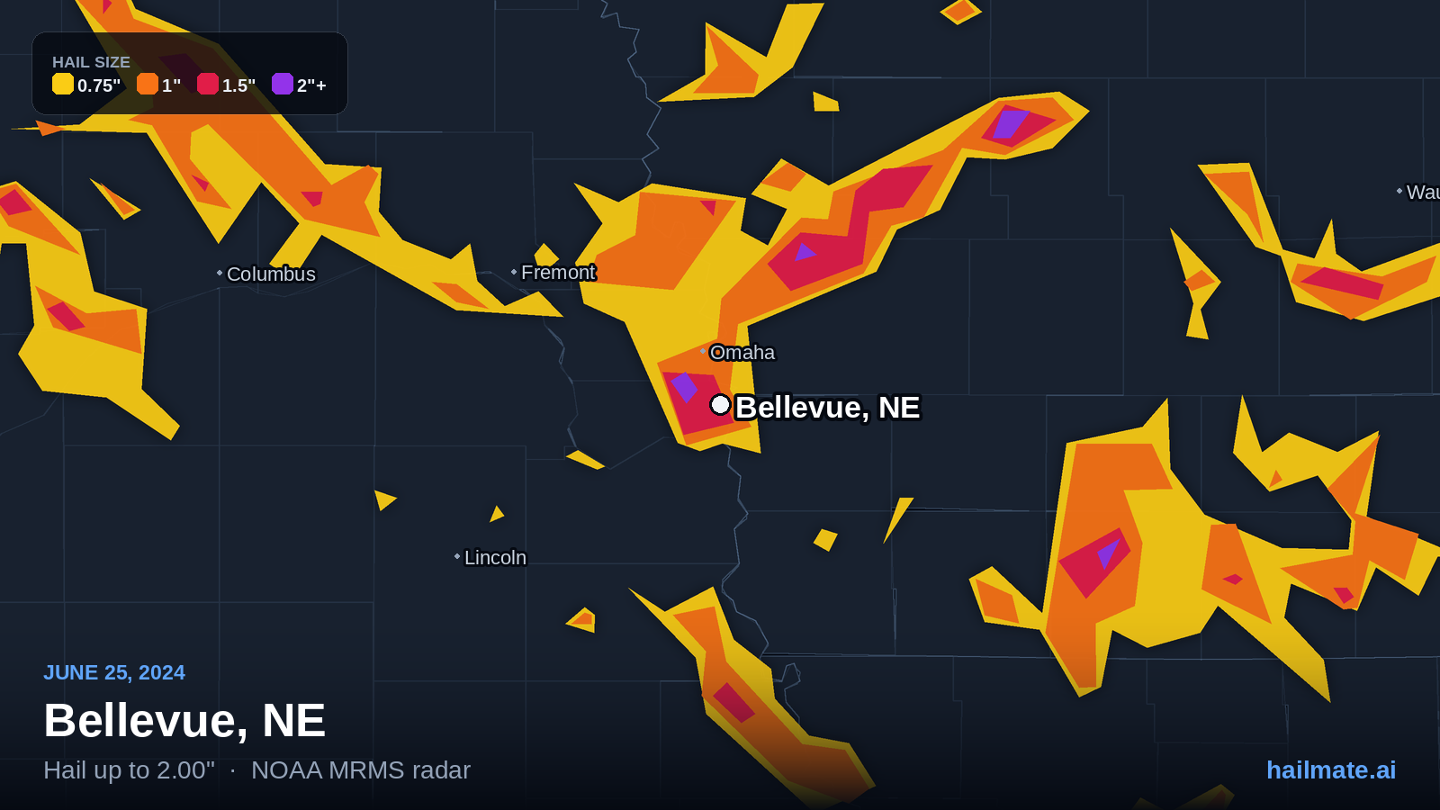 Hail swath map for Bellevue, NE on June 25, 2024 showing 2.00 inch hail.