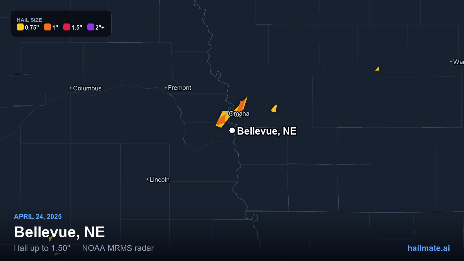 Hail swath map for Bellevue, NE on April 24, 2025 showing 1.50 inch hail.