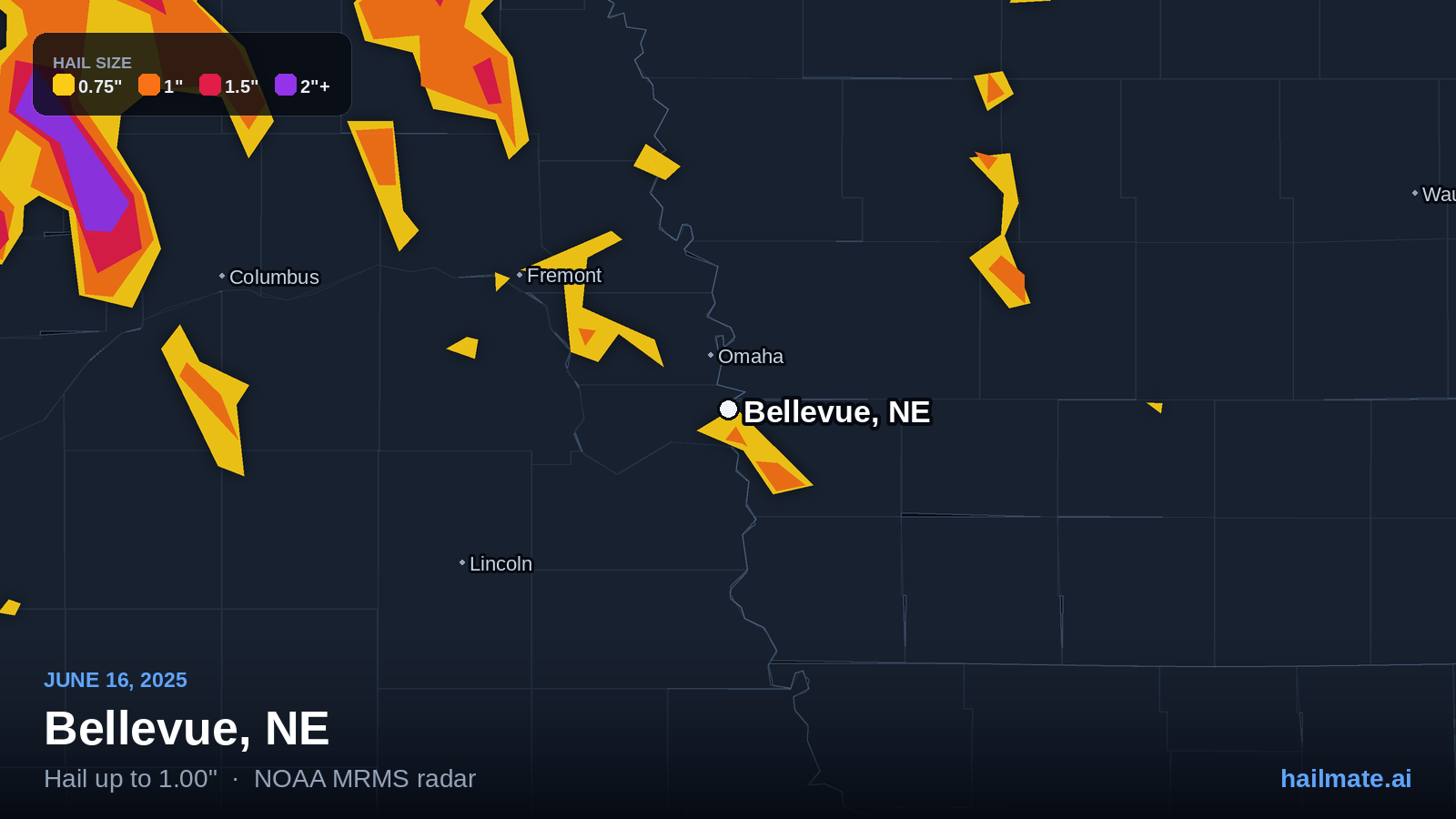 Hail swath map for Bellevue, NE on June 16, 2025 showing 1.00 inch hail.