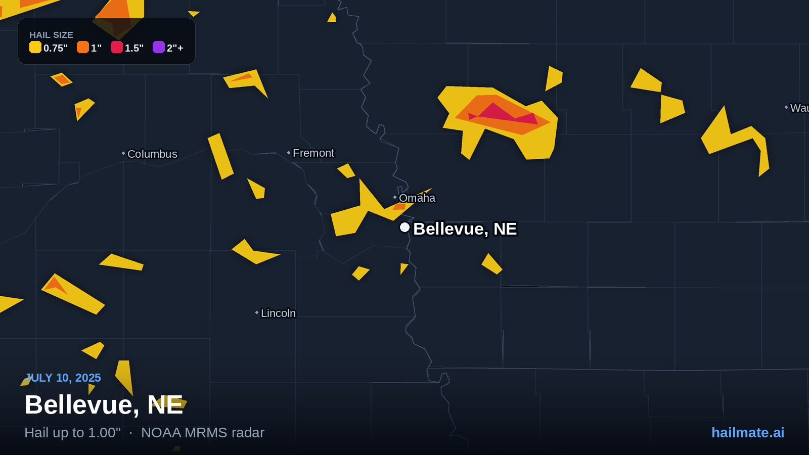 Hail swath map for Bellevue, NE on July 10, 2025 showing 1.00 inch hail.