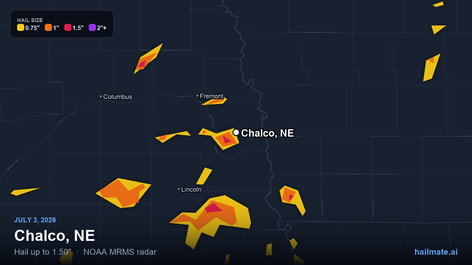 Hail swath map for Chalco, NE on July 3, 2026 showing 1.50 inch hail.