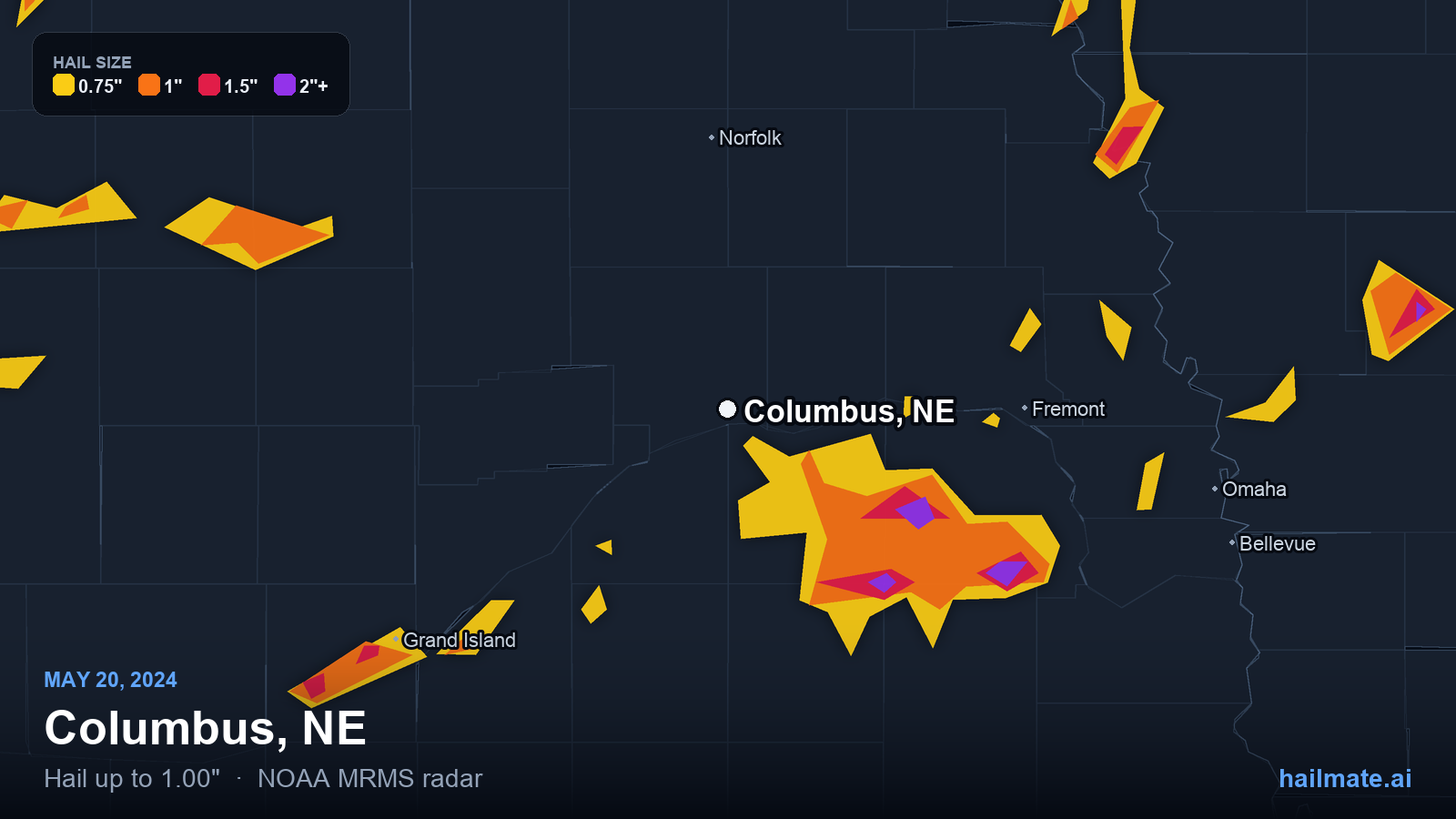 Hail swath map for Columbus, NE on May 20, 2024 showing 1.00 inch hail.