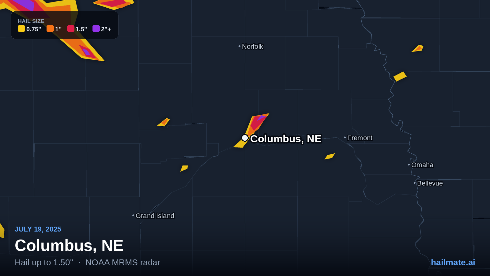 Hail swath map for Columbus, NE on July 19, 2025 showing 1.50 inch hail.