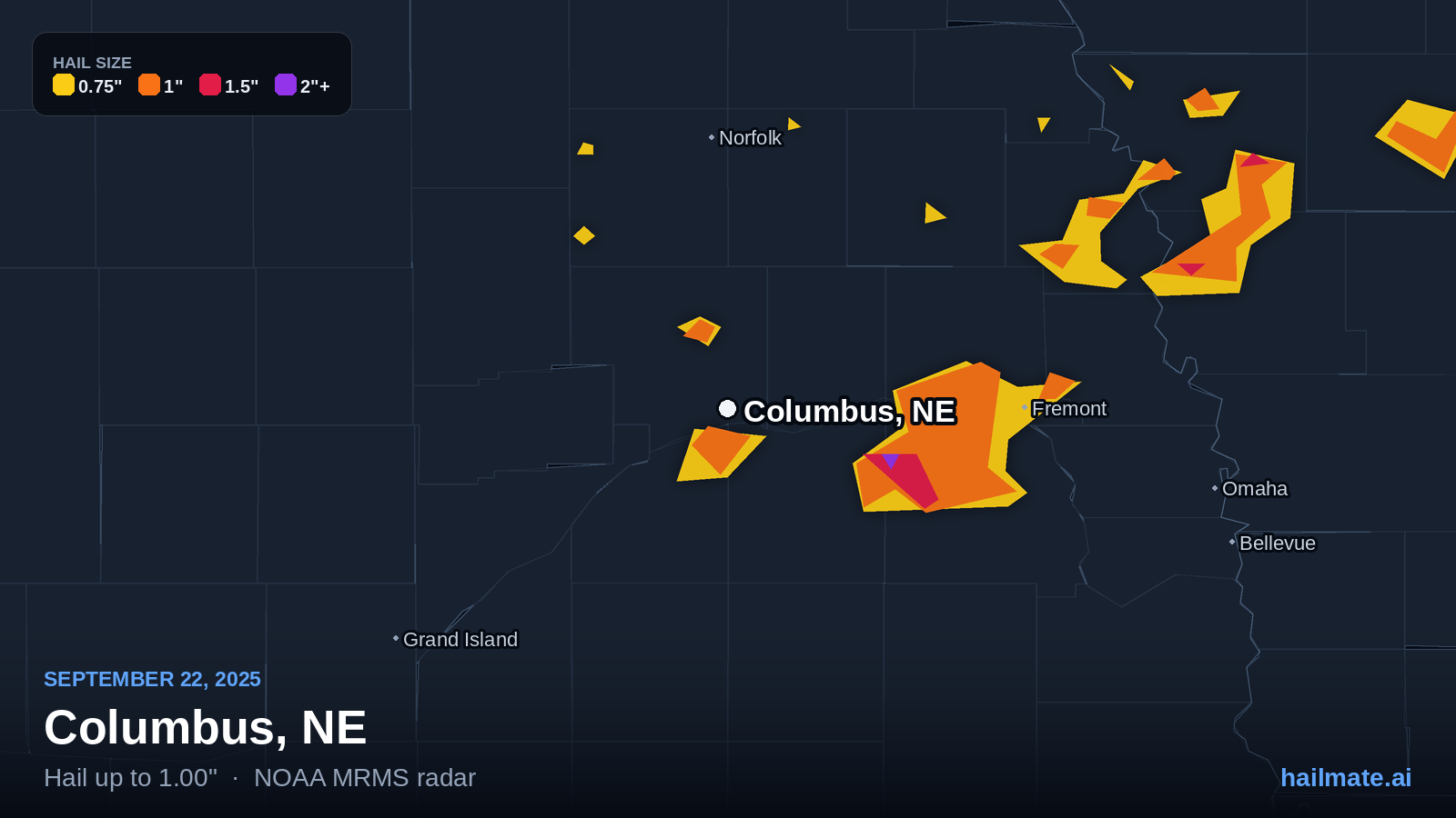 Hail swath map for Columbus, NE on September 22, 2025 showing 1.00 inch hail.