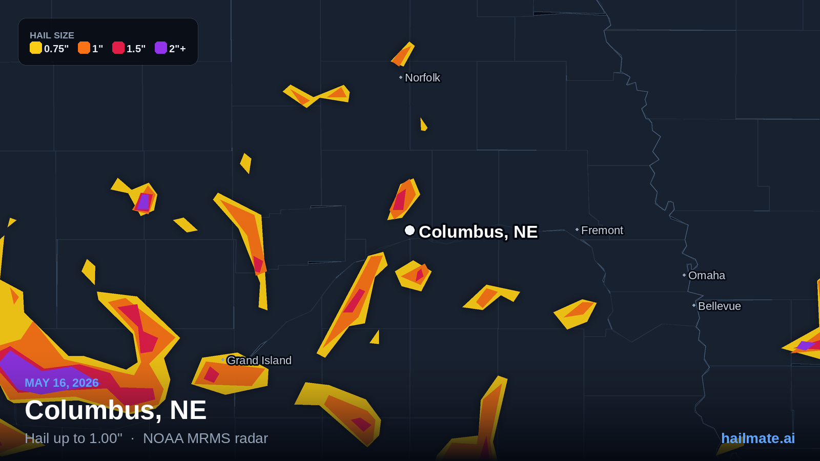 Hail swath map for Columbus, NE on May 16, 2026 showing 1.00 inch hail.
