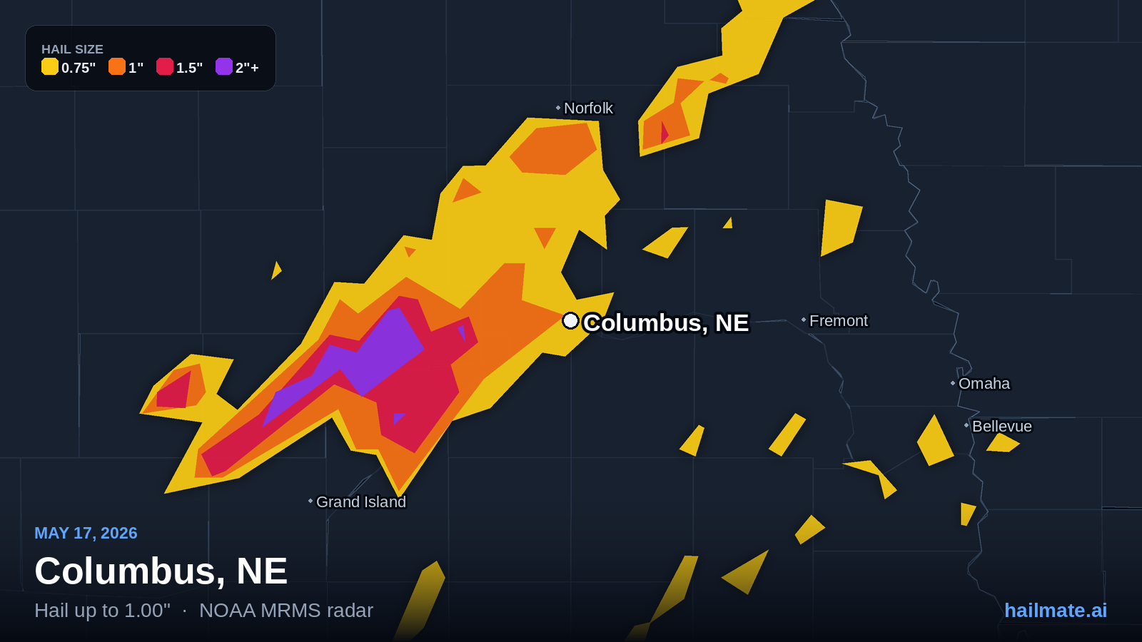 Hail swath map for Columbus, NE on May 17, 2026 showing 1.00 inch hail.