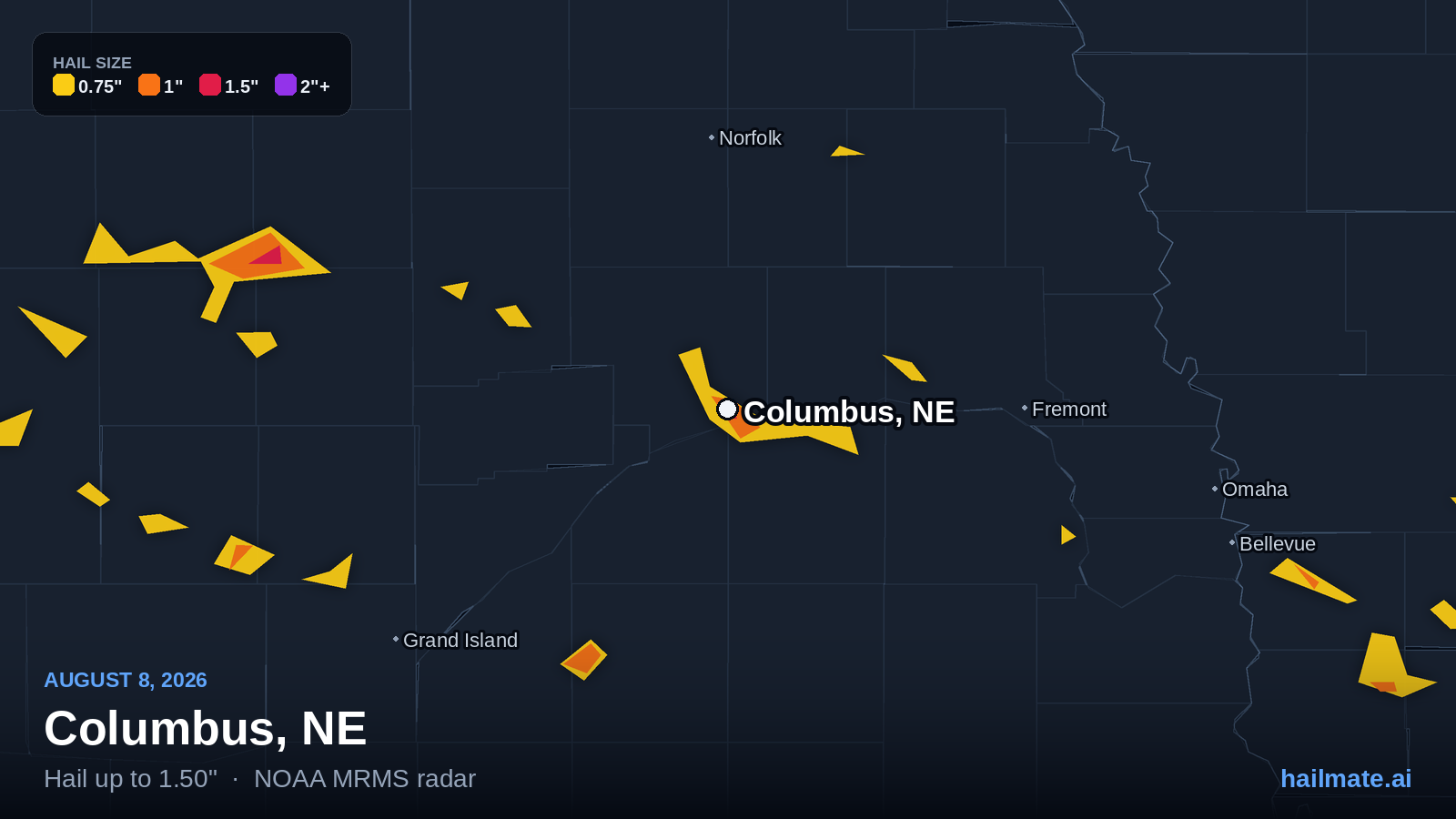 Hail swath map for Columbus, NE on August 8, 2026 showing 1.50 inch hail.