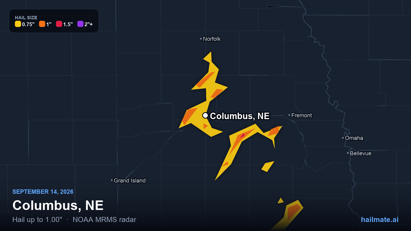 Hail swath map for Columbus, NE on September 14, 2026 showing 1.00 inch hail.