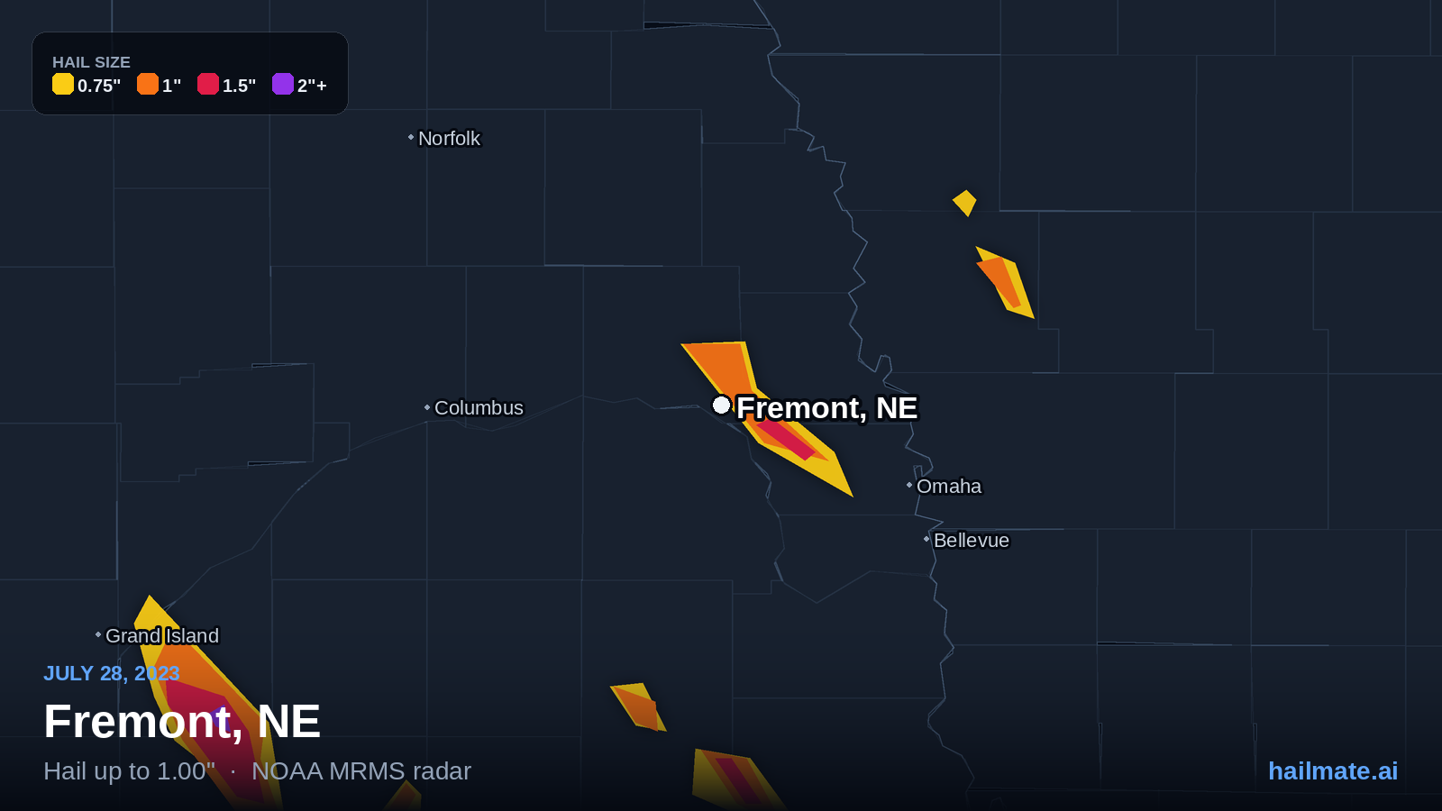 Hail swath map for Fremont, NE on July 28, 2023 showing 1.00 inch hail.