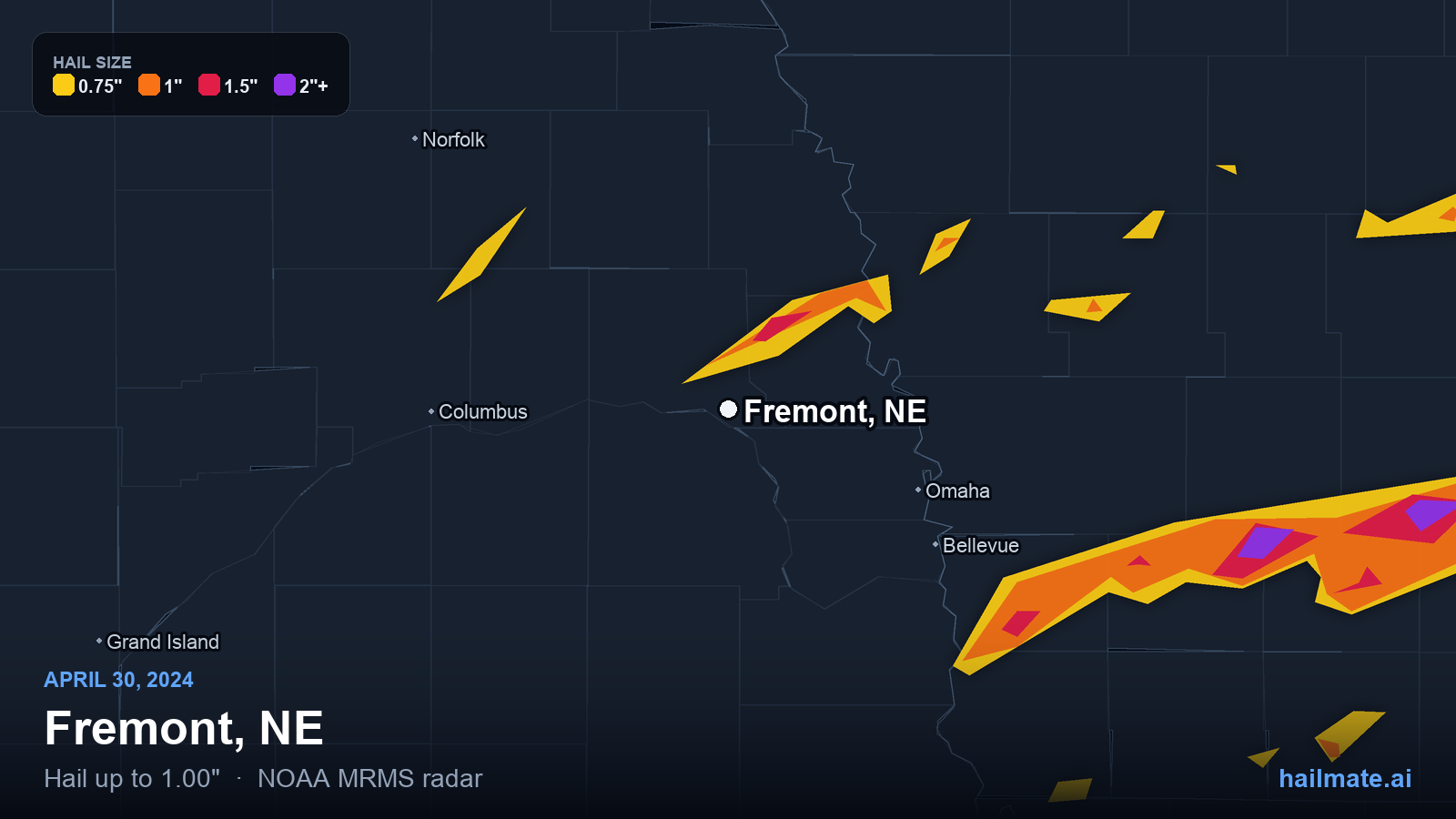 Hail swath map for Fremont, NE on April 30, 2024 showing 1.00 inch hail.