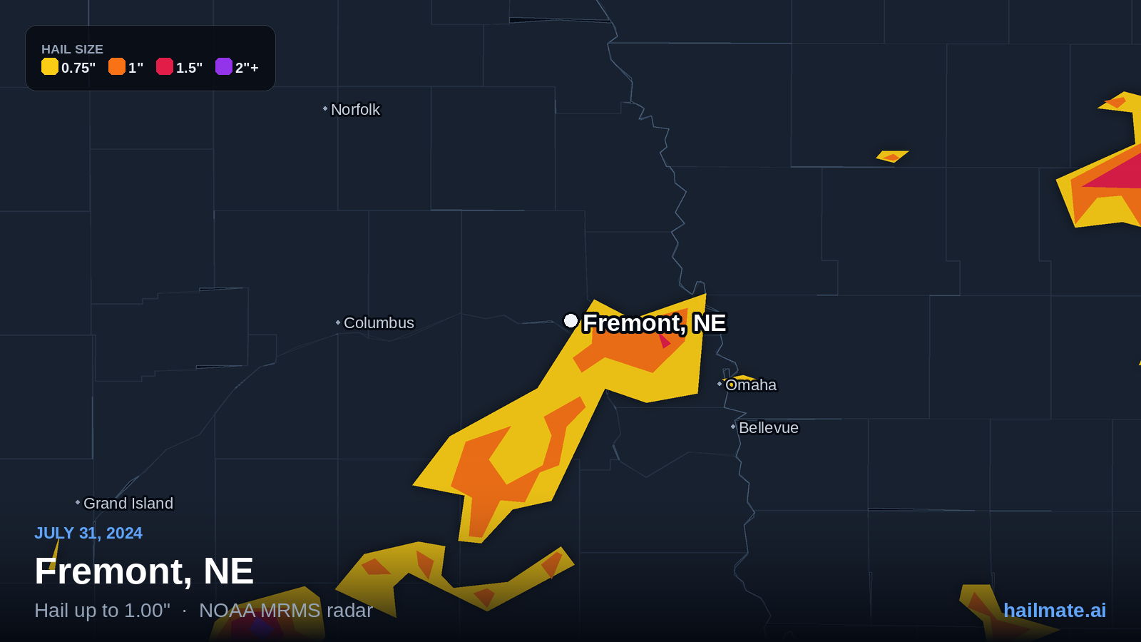 Hail swath map for Fremont, NE on July 31, 2024 showing 1.00 inch hail.