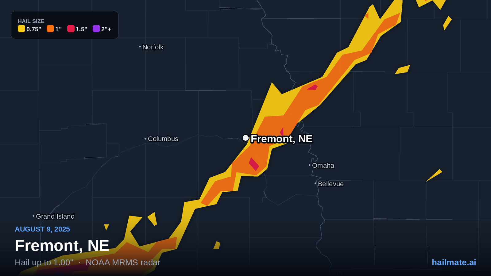 Hail swath map for Fremont, NE on August 9, 2025 showing 1.00 inch hail.