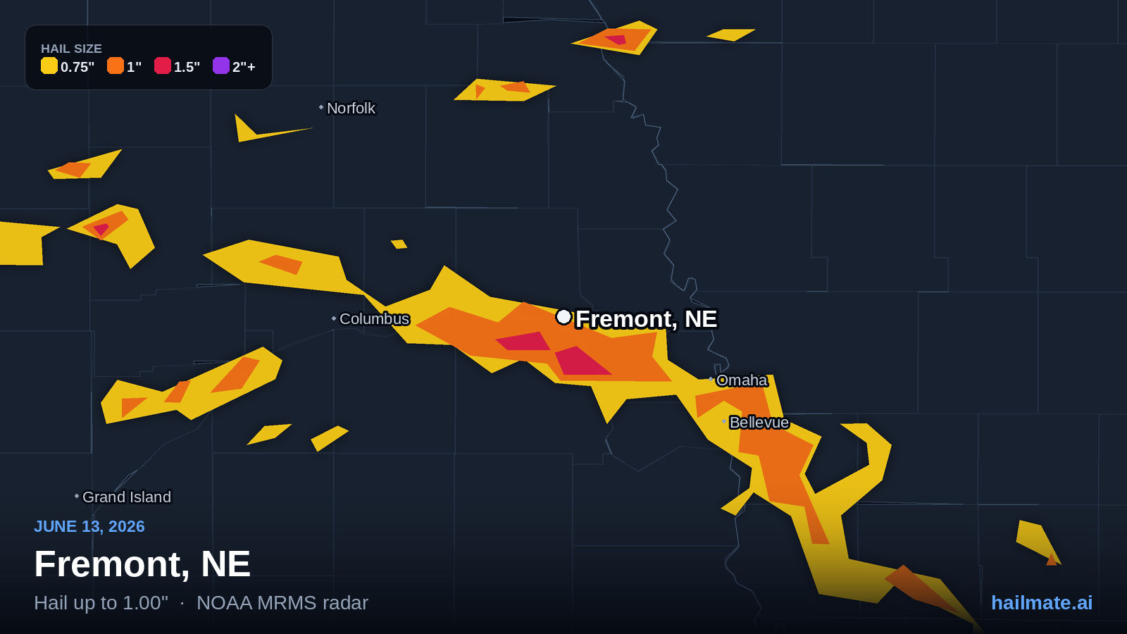 Hail swath map for Fremont, NE on June 13, 2026 showing 1.00 inch hail.