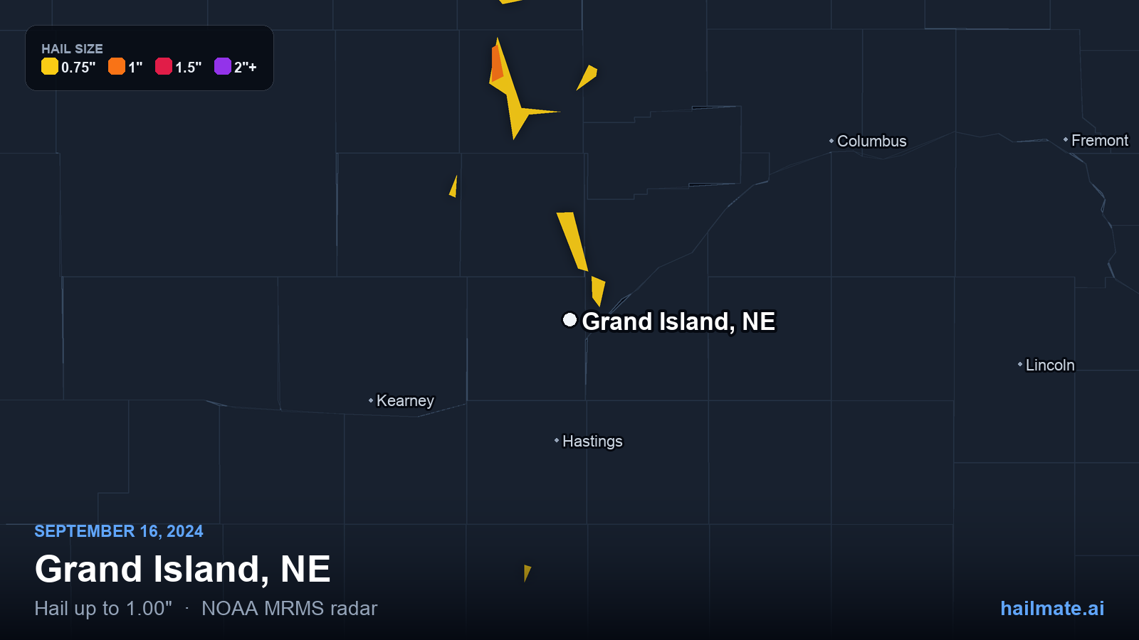 Hail swath map for Grand Island, NE on September 16, 2024 showing 1.00 inch hail.
