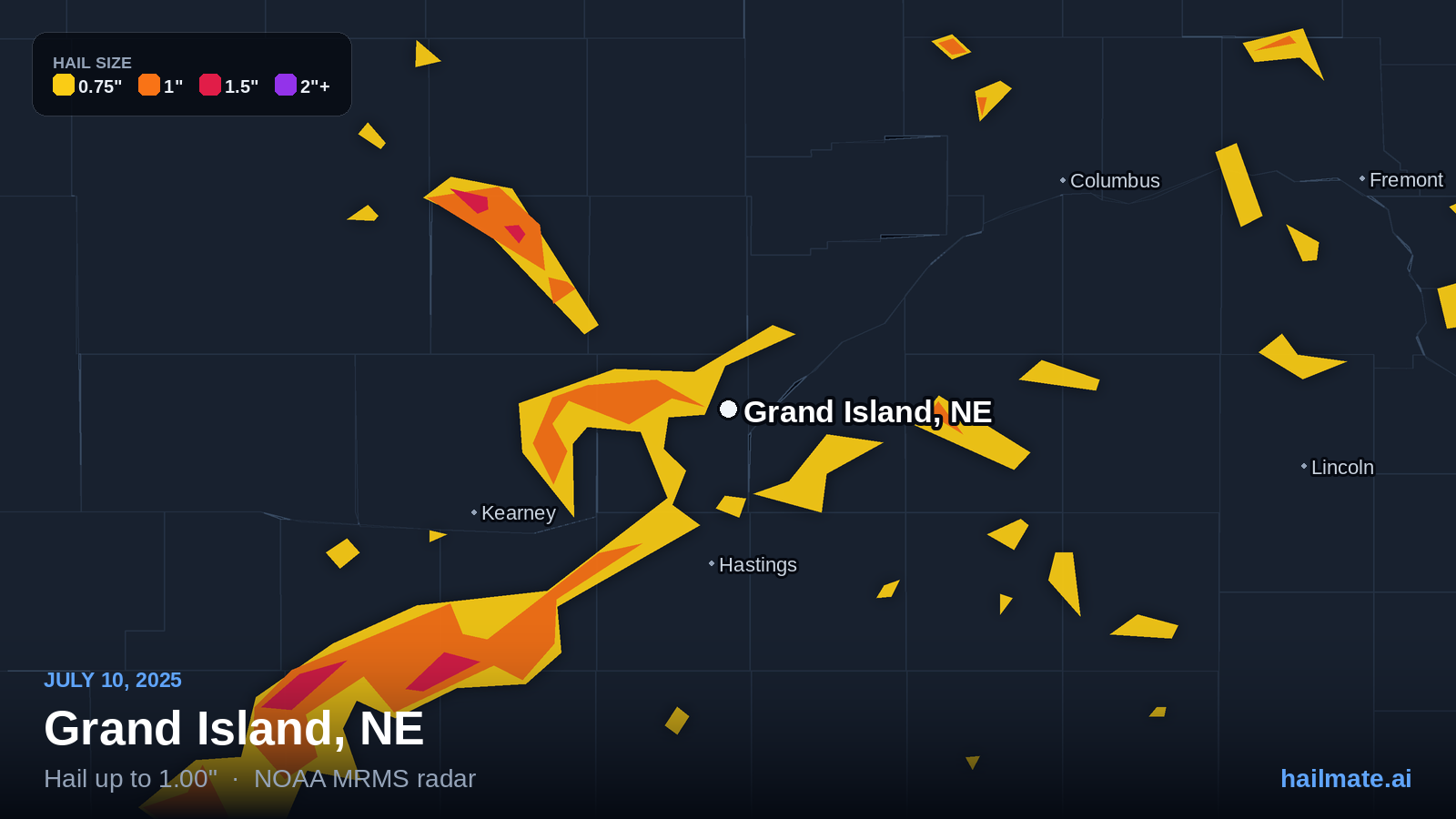 Hail swath map for Grand Island, NE on July 10, 2025 showing 1.00 inch hail.