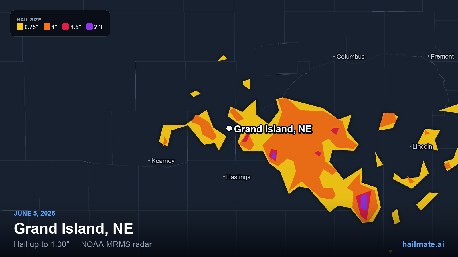 Hail swath map for Grand Island, NE on June 5, 2026 showing 1.00 inch hail.